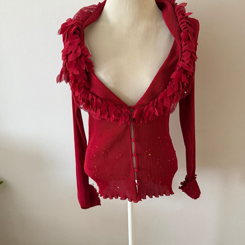 Vtg Y2K 2000s Red Ruffle Long Sleeve Blouse Plus Size 2X Fairy Sparkle Vampy
